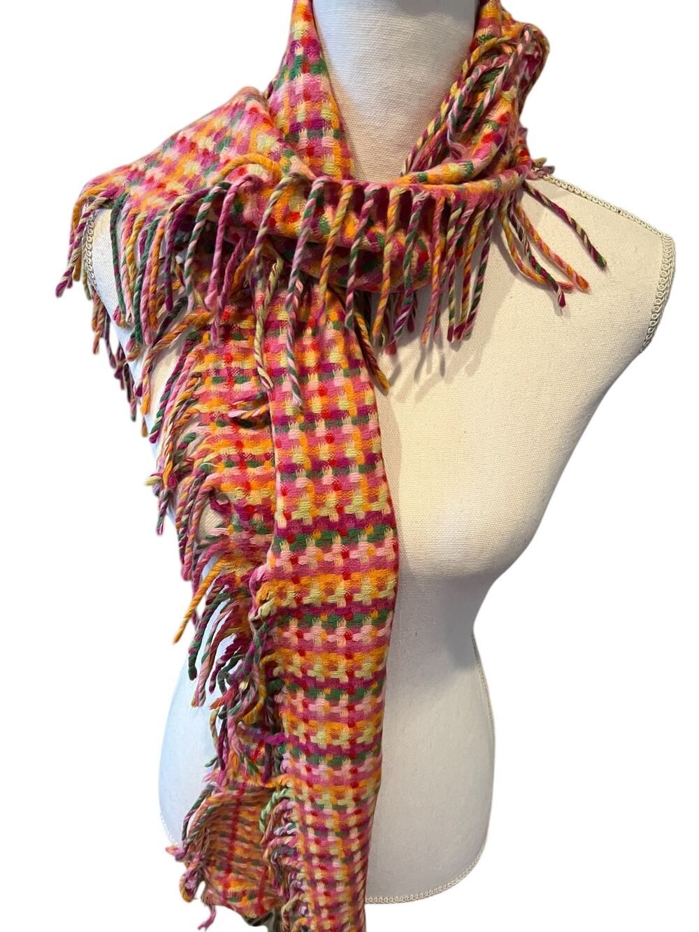 Pink Check Soft Fringe Scarf